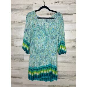 Green Dragon Women’s S Blue Rayon V-Neck Swim Cover-Up Tunic Top 3/4 Sleeve
